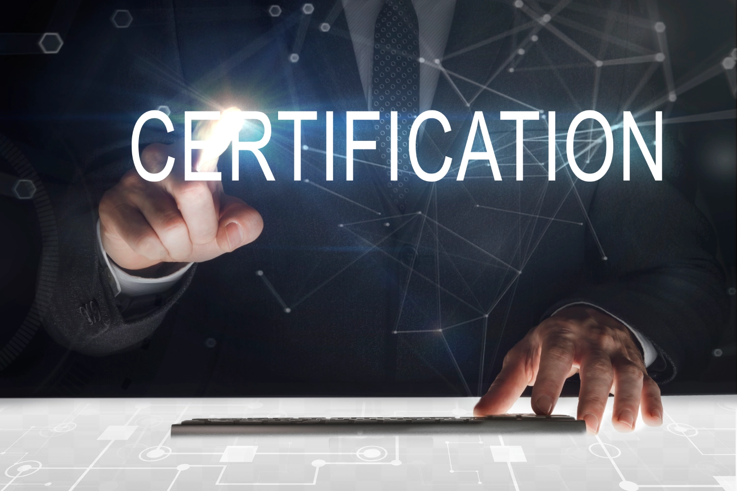 Man pointing at "Certification" hologram.
