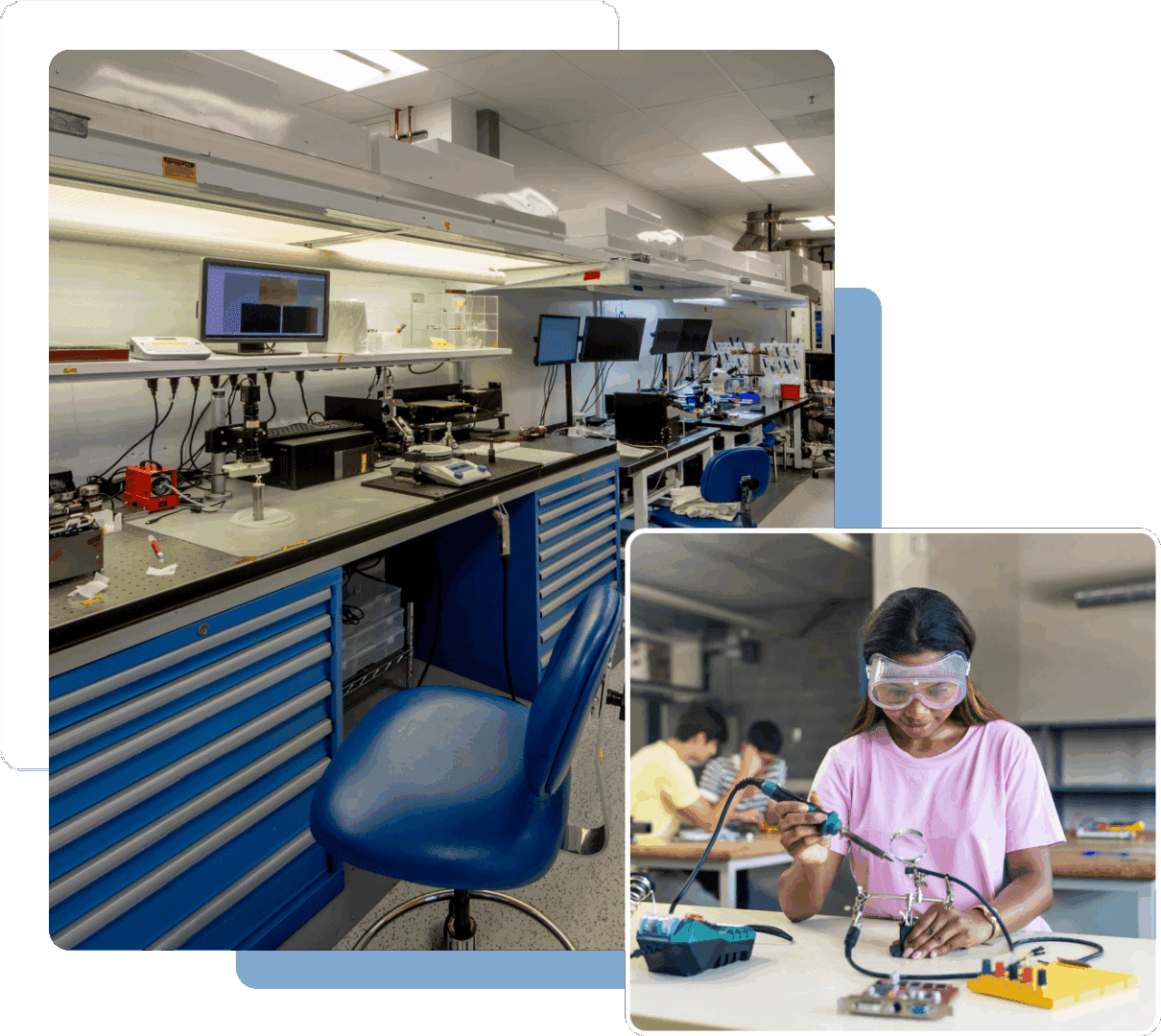 Laboratory workspace and person soldering electronics.