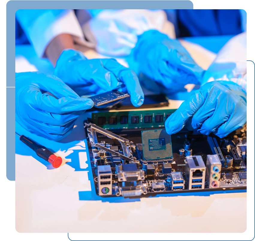 Hands assembling computer components on motherboard.